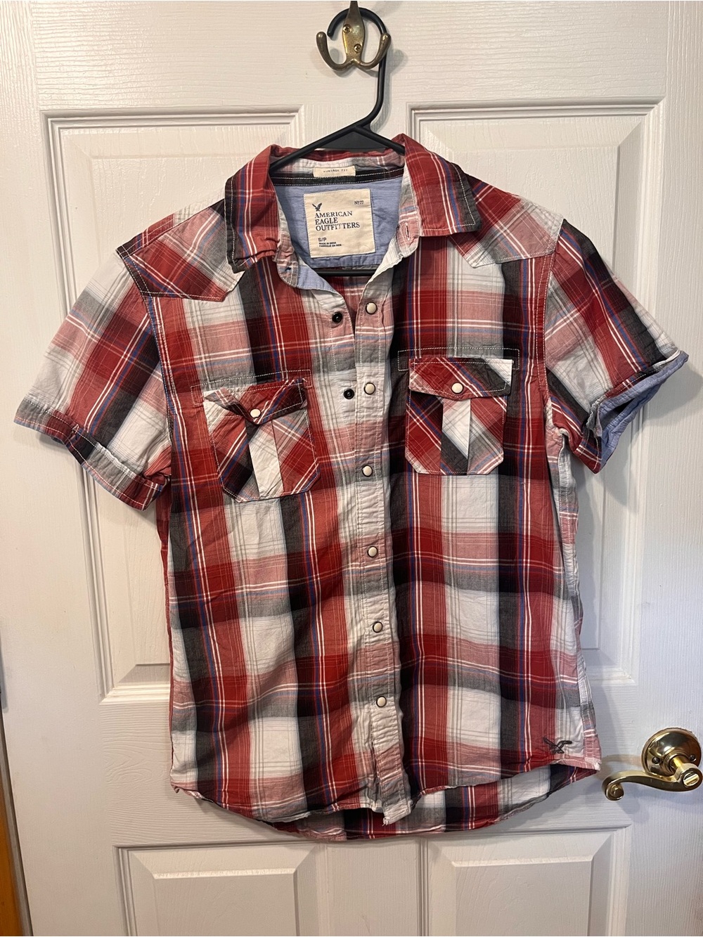 American Eagle Outfitters Red and White Plaid Short-Sleeve Button-Down Shirt